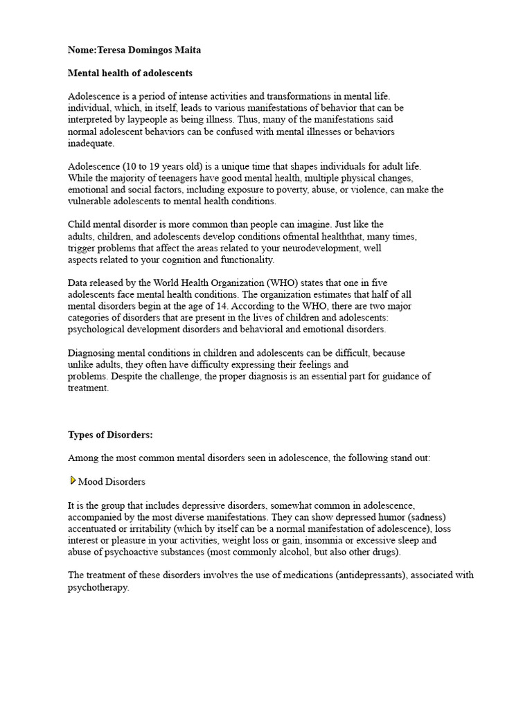 Adolescent Mental Health Disorders Explained | PDF | Mental Disorder ...