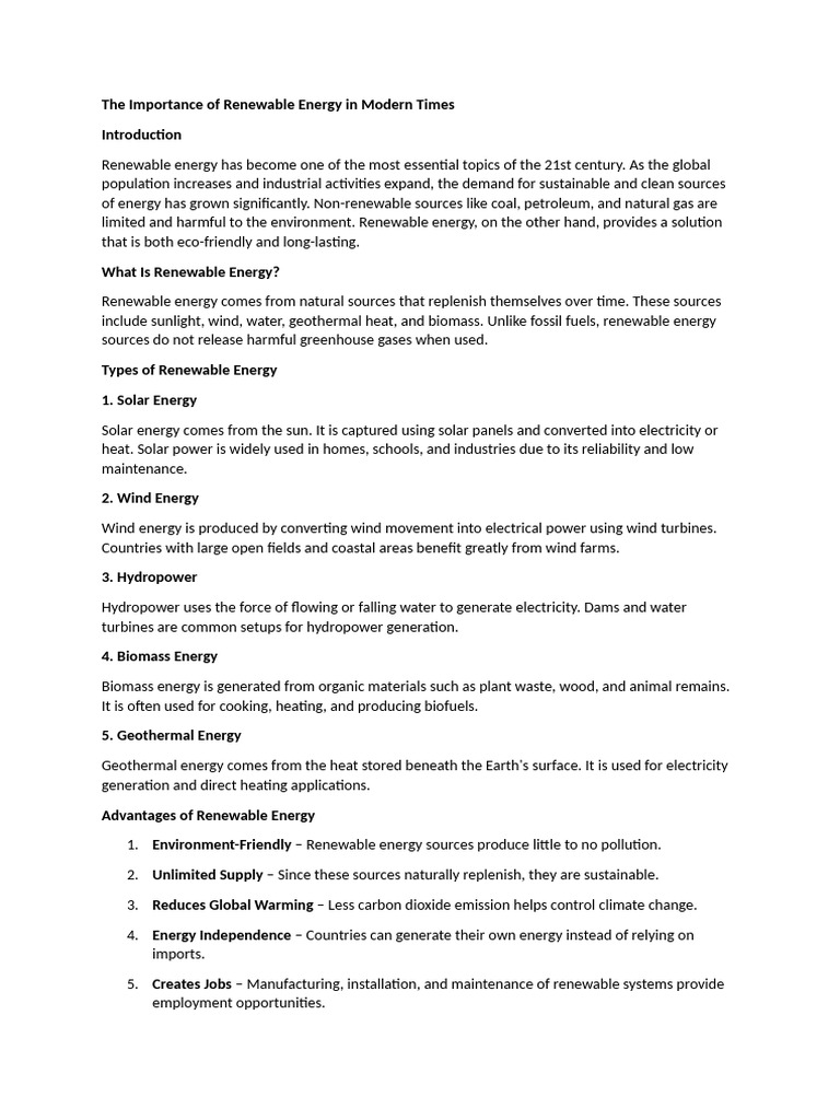 Importance of Renewable Energy Today | PDF | Energy Development ...