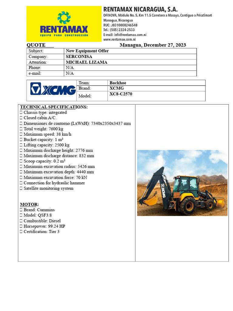 Quote For Backhoe XC8-C2570 Rentamax 27122023 | PDF