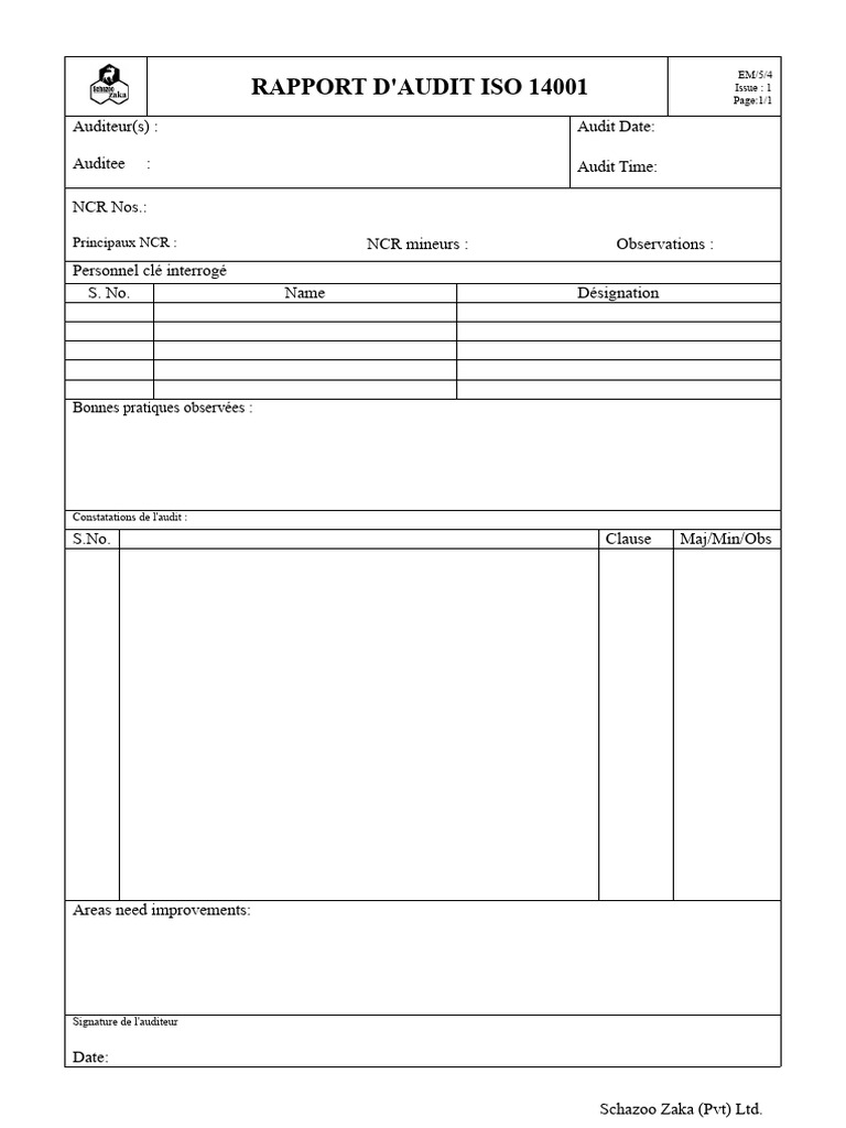 Rapport d'Audit ISO 14001 Schazoo Zaka | PDF