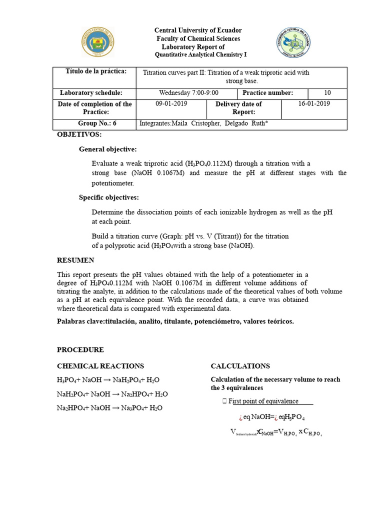 Titration of Weak Triprotic Acid Report | PDF | Titration | Chemistry