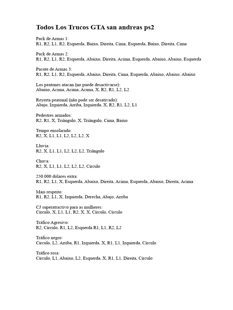 Todos os Truques GTA San Andreas PS2.docx | PDF | Editores de jogos de ...