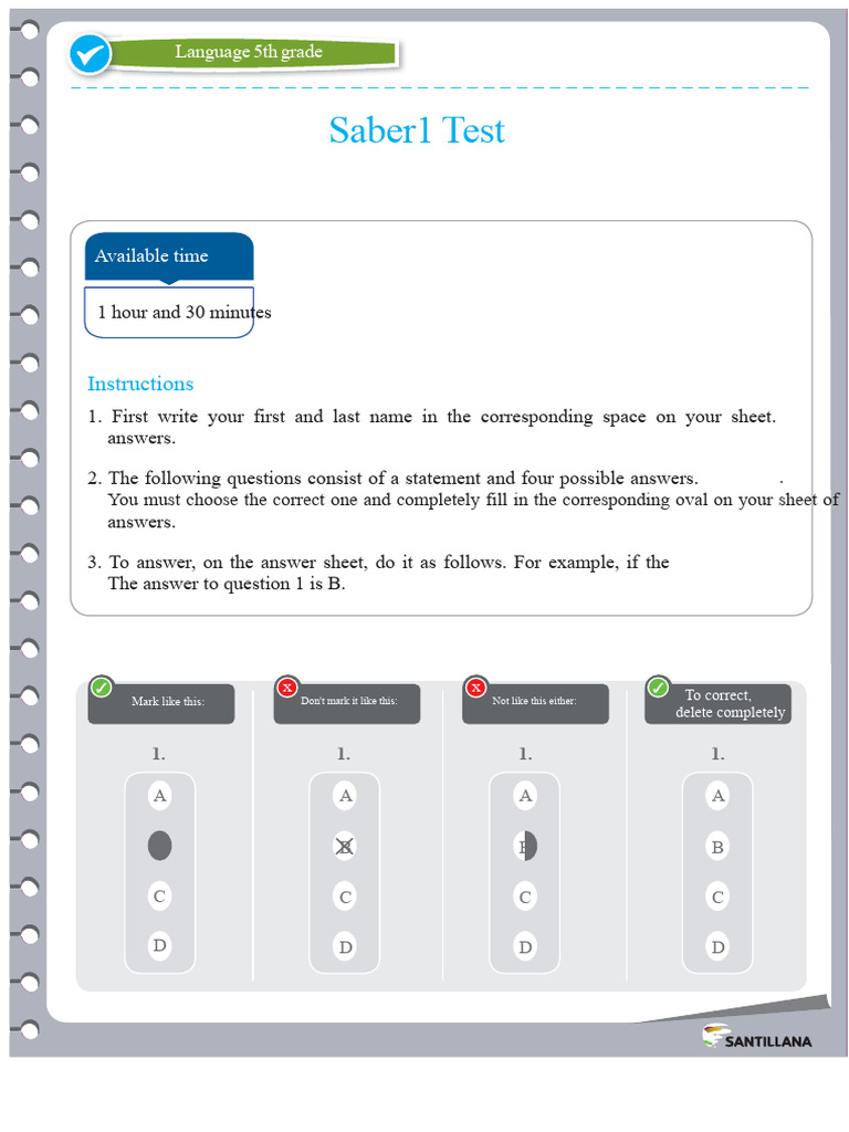 Saber Language Test 5th - Answers (SANTILLANA) | PDF | Whales