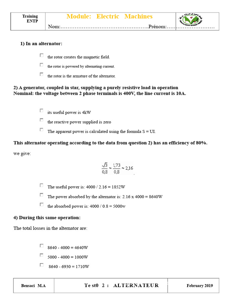 Three Phase Alternator Mcq Pdf Electrodynamics Power Physics