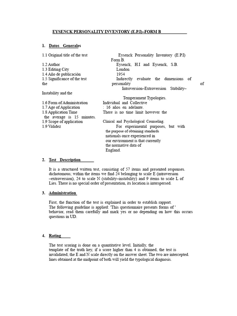 Eysenck Personality Inventory Form B Guide | PDF