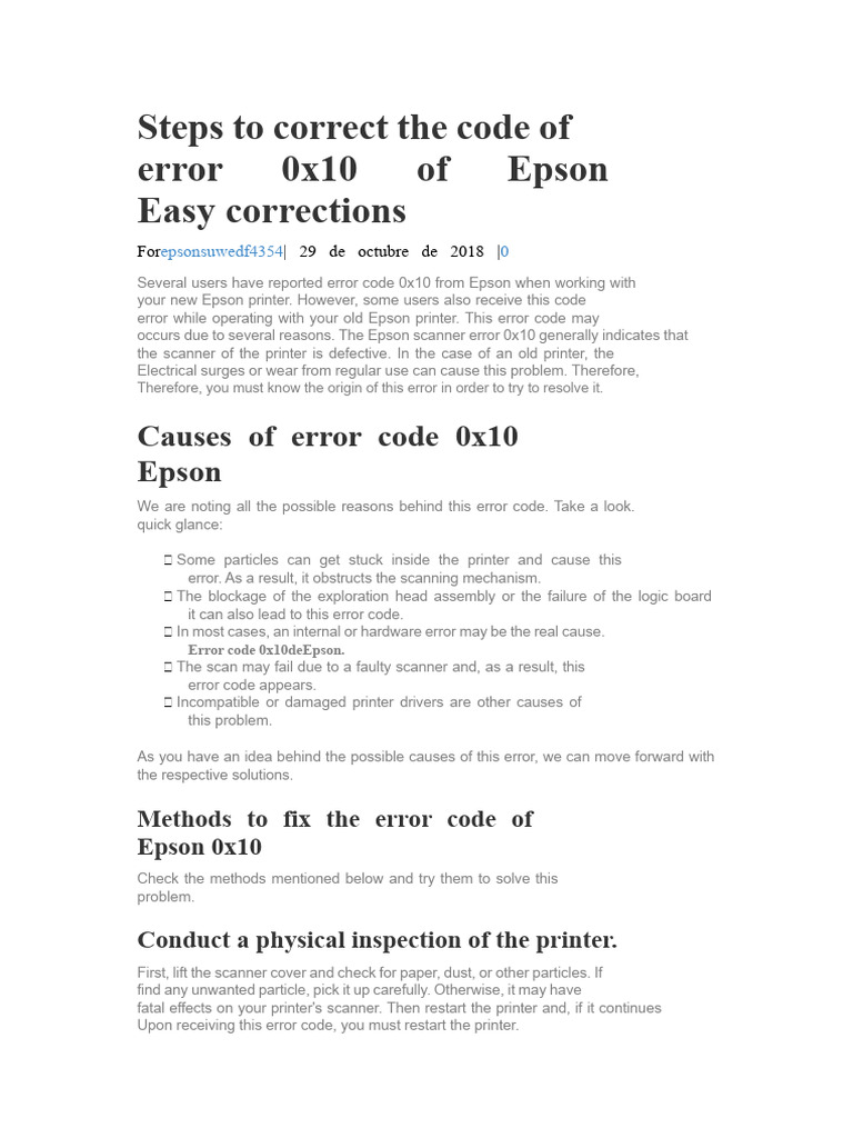 Steps To Fix Epson Error Code 0x10 | PDF | Image Scanner | Printer ...