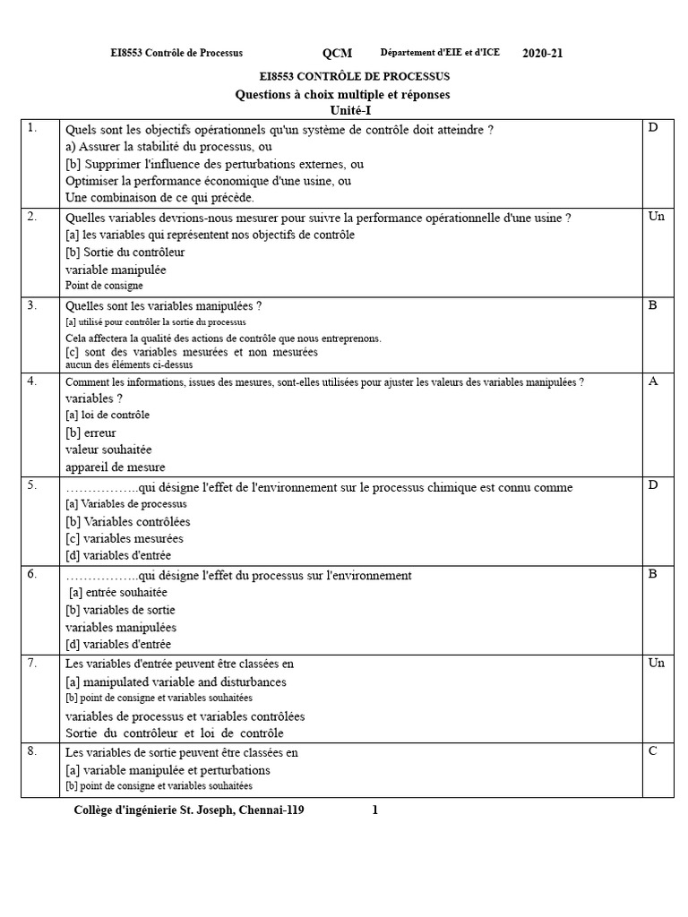 QCM sur le Contrôle de Processus EI8553 | PDF | Soupape | Rétroaction