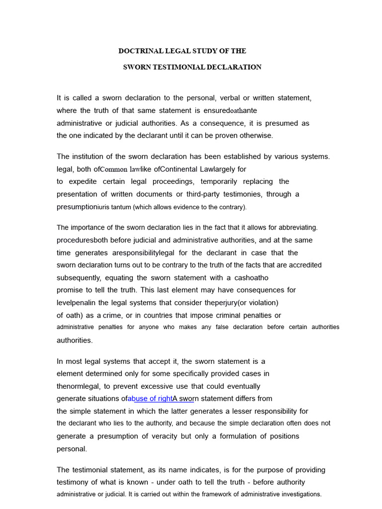 Legal Study of Sworn Testimonial Declarations | PDF