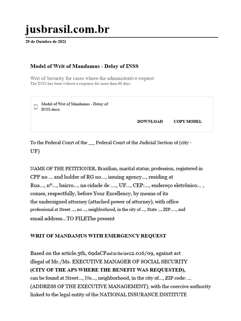 Writ of Mandamus Template for INSS Delay | PDF | Habeas Corpus | Legal ...