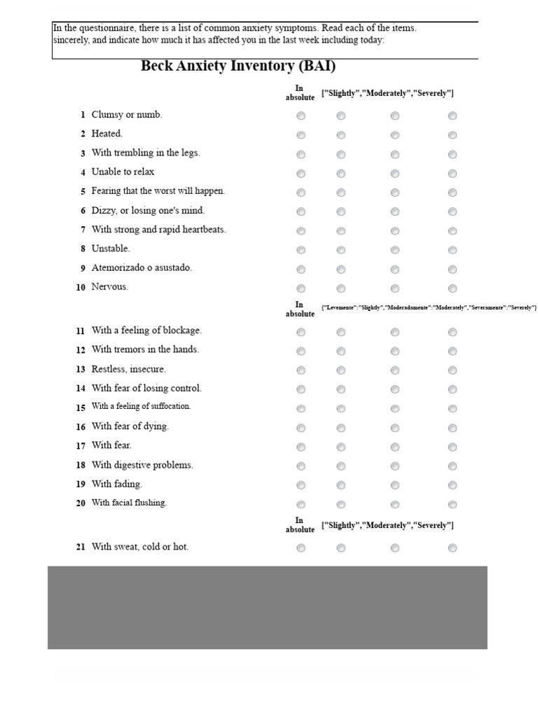 Beck Anxiety Inventory Questionnaire | PDF