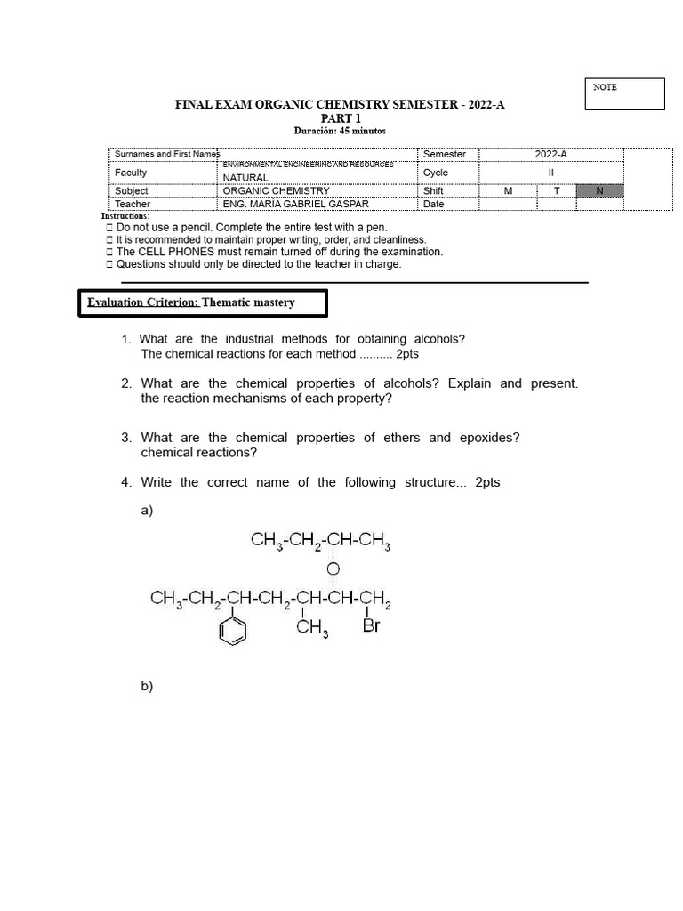 Final Exam Organic Chemistry Part 1 | PDF