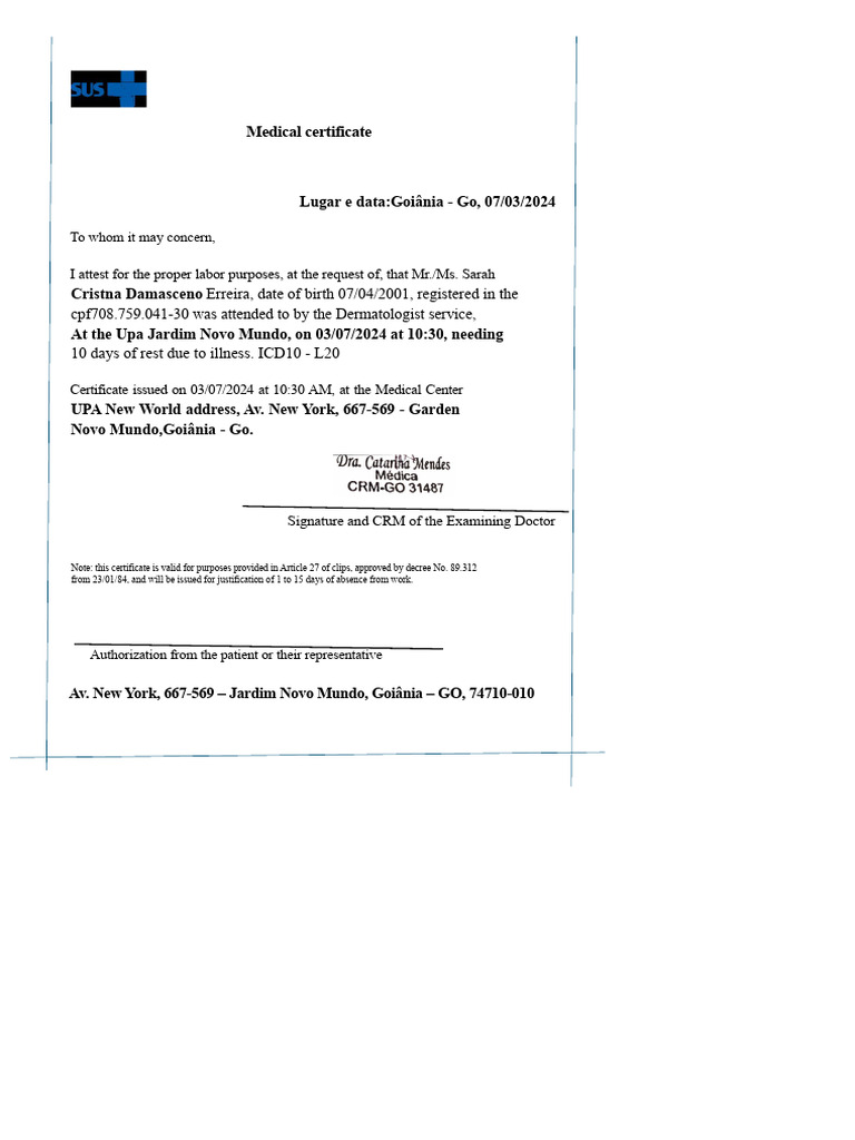 Medical Certificate for Sick Leave | PDF