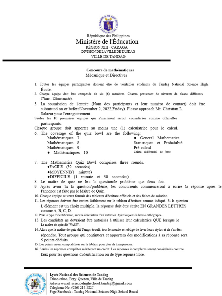 Concours de Mathématiques à Tandag | PDF | Mathématiques