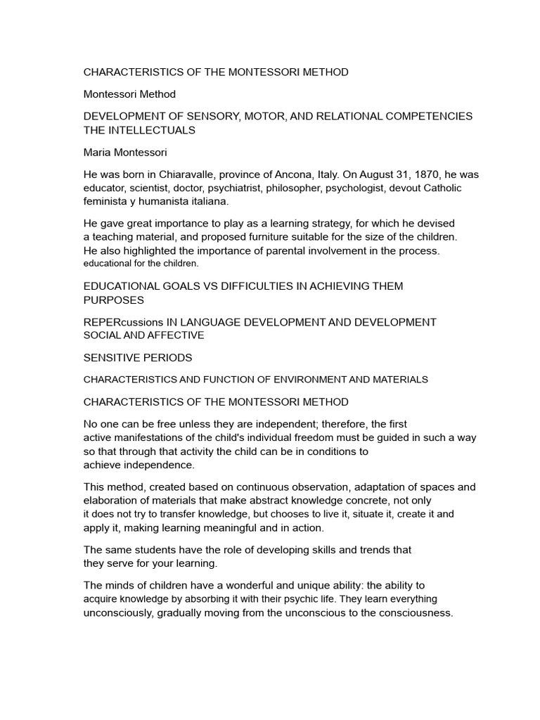 Characteristics of The Montessori Method 1 | PDF | Montessori Education ...