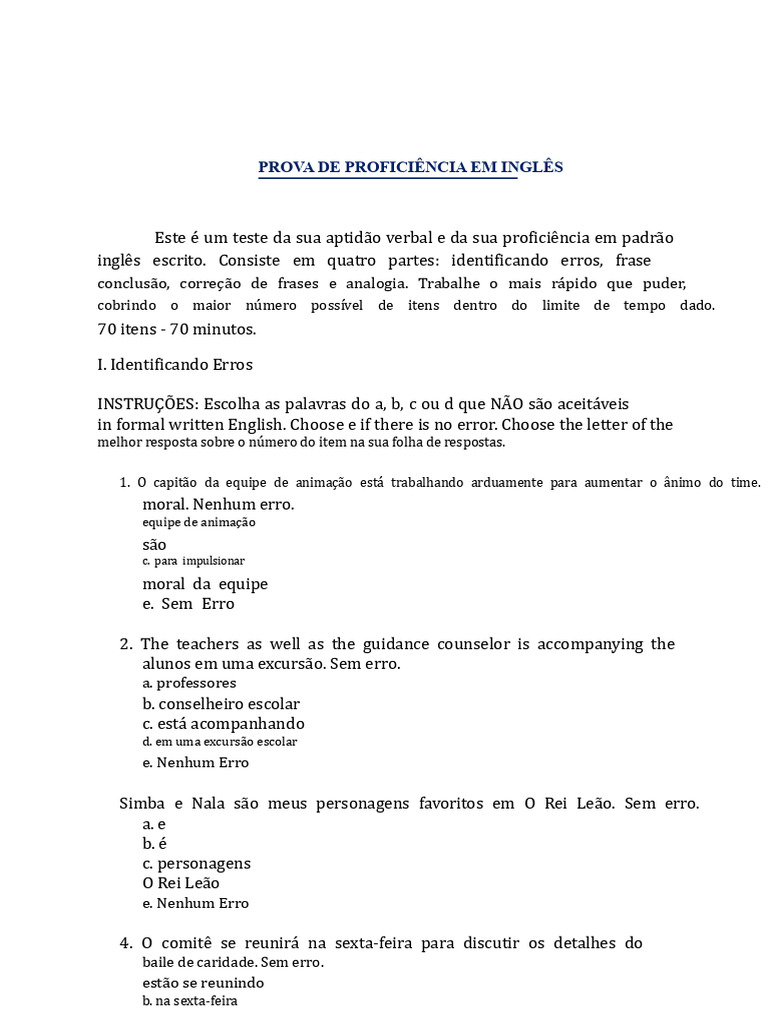 Prova de Proficiência em Inglês: Teste Completo | PDF | Alfabetização