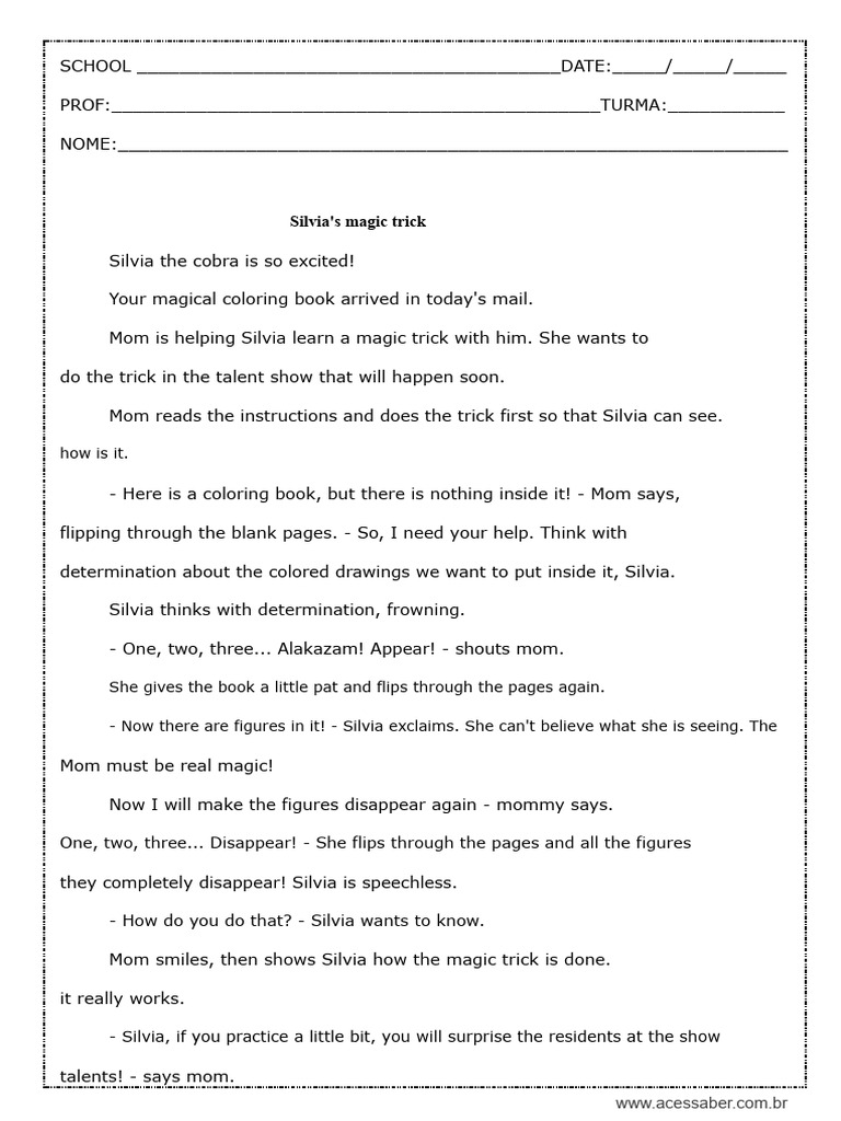 Text Interpretation - Silvia's Magic Trick - 4th Grade - With Answers ...