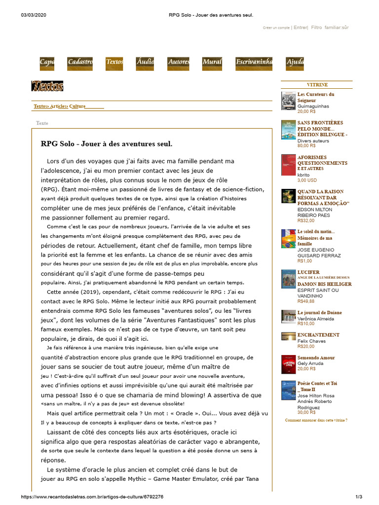 RPG Solo : Aventures en solitaire | PDF | Jeux de table | Gaming