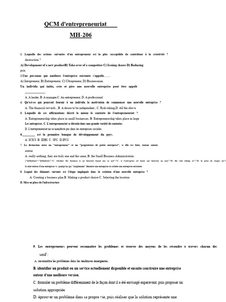 QCM sur l'entrepreneuriat et ses concepts | PDF | Entrepreneuriat ...