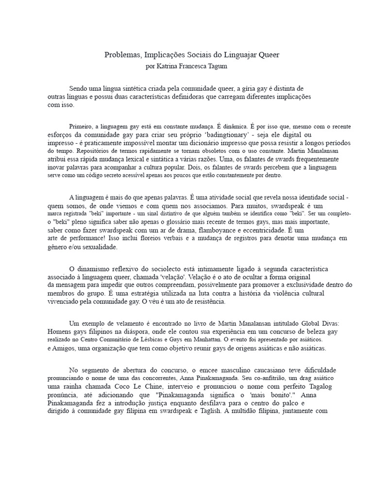 Linguagem Queer: Dinâmica e Exclusividade | PDF | Gay