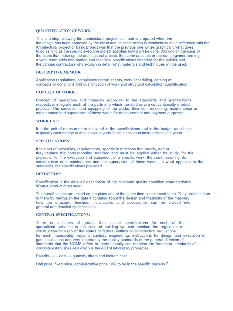 Work Quantification and Specifications Guide | PDF | Specification ...