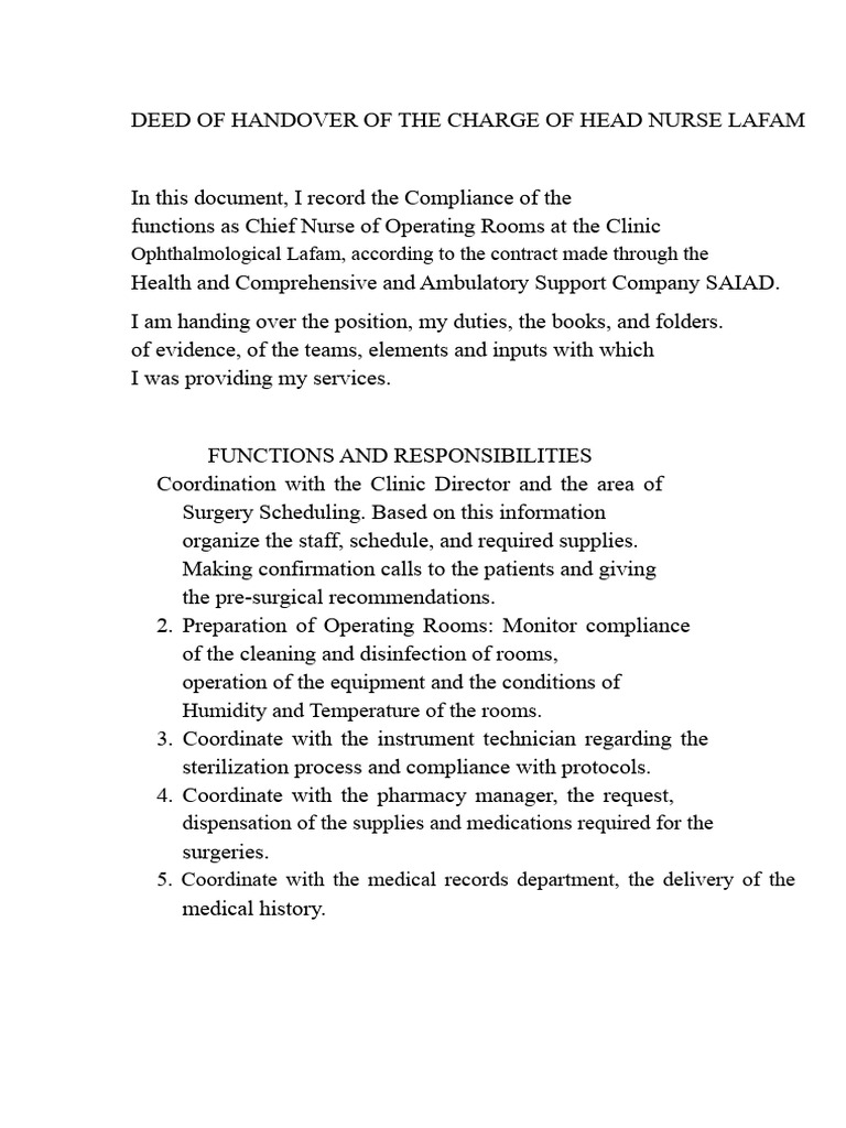 Handover Document for Head Nurse Lafam | PDF | Surgery | Pharmacy