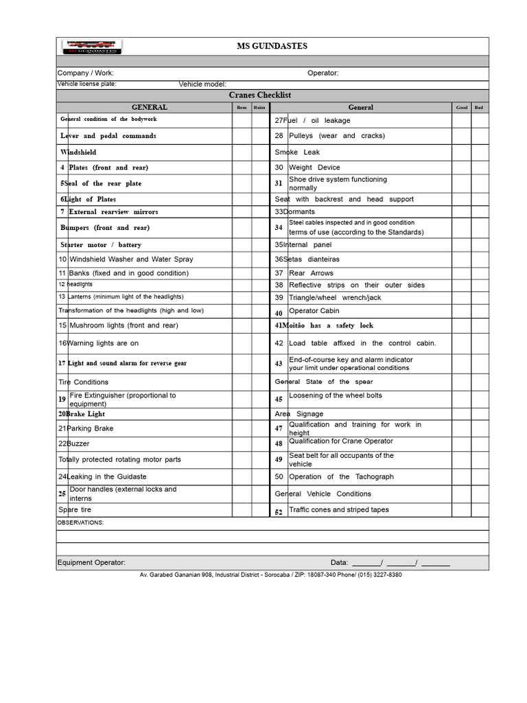 Crane Checklist | PDF | Crane (Machine) | Truck