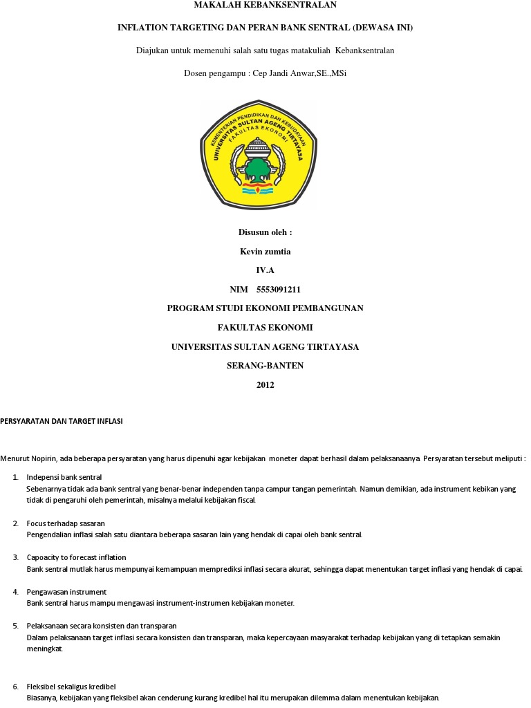 Makalah Kebanksentralan Inflation Targeting Dan Peran Bank Sentral Dewasa Ini Diajukan Untuk Memenuhi Salah Satu