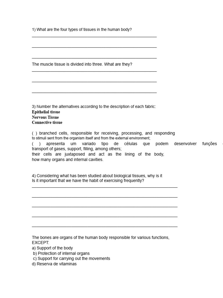 6th GRADE Test - Tissues | PDF | Skeleton | Skeletal System