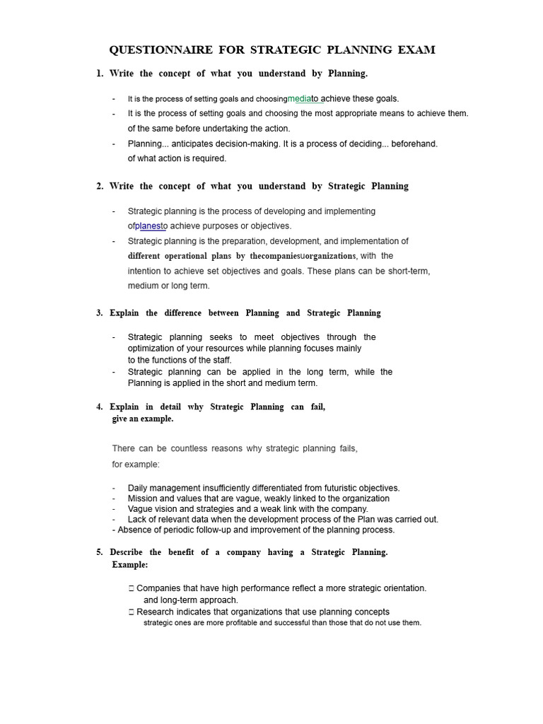 Strategic Planning Questionnaire Guide | PDF | Strategic Planning ...