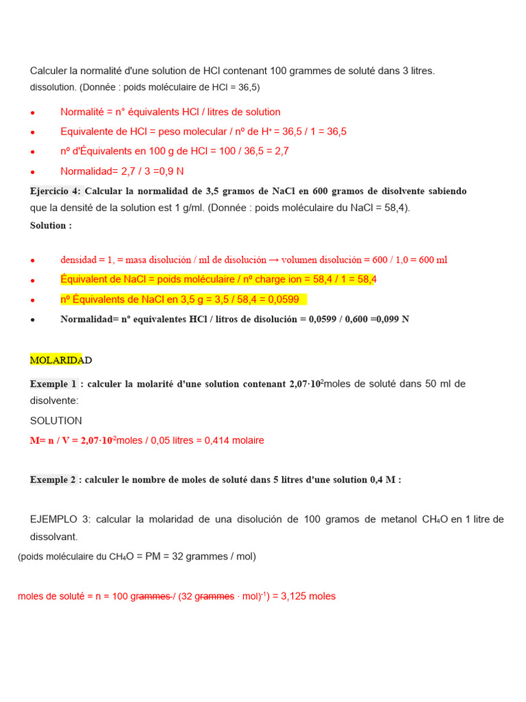 Calcul de normalité et molarité des solutions | PDF