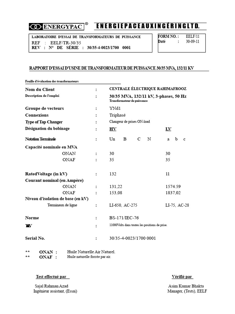 Rapport d'essai transformateur 30/35 MVA | PDF | Transformateur ...