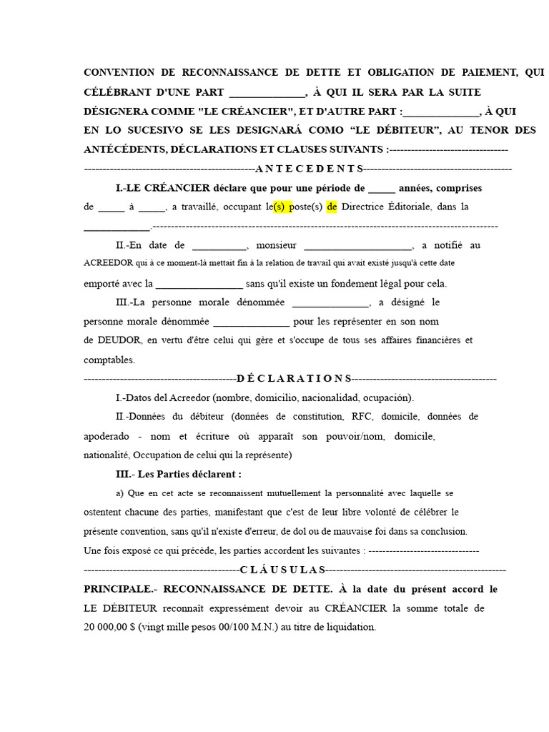 Convention de Reconnaissance de Dette | PDF | Débiteur | Dettes