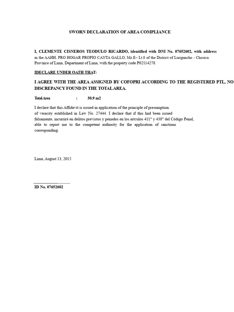 Sworn Declaration of Area Compliance | PDF