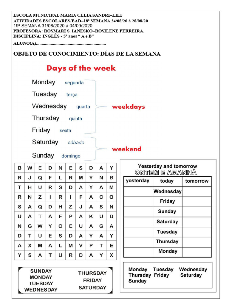 Días de La Semana ACTIVIDADES DIVERSAS | PDF | Aprendizaje