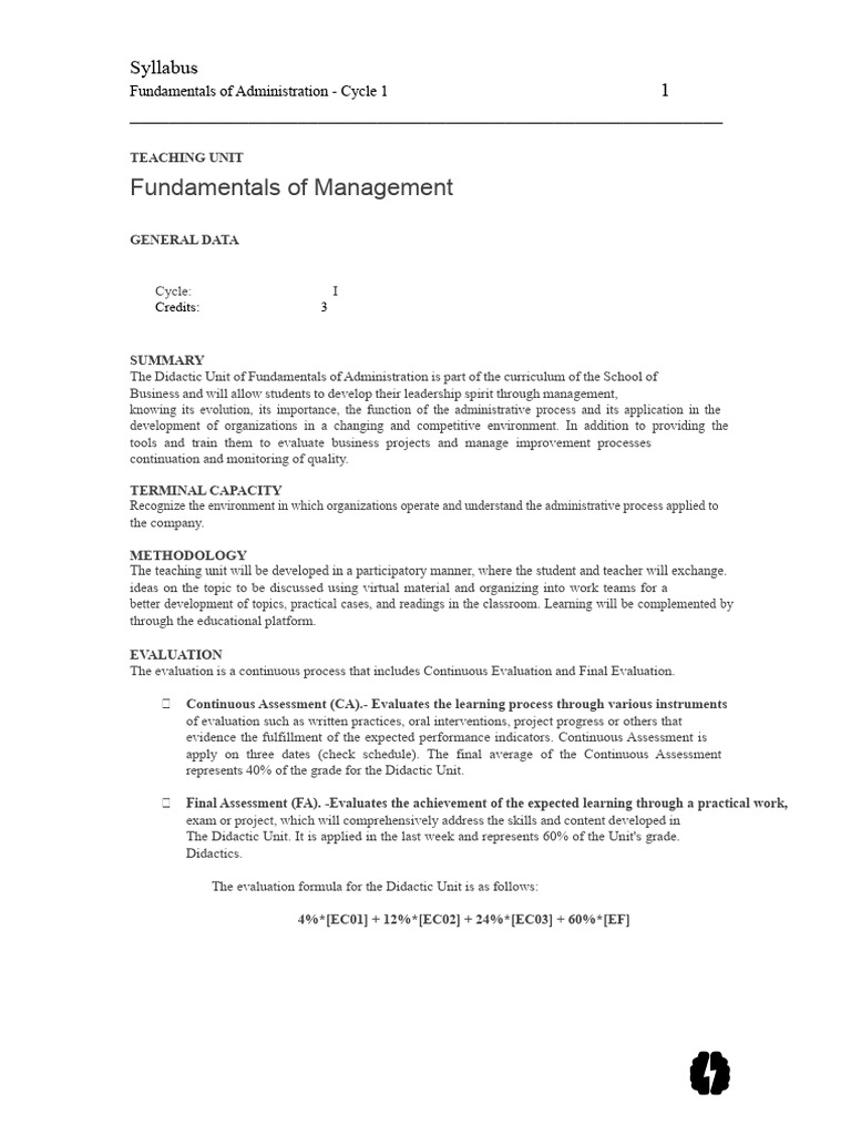 Fundamentals of Management Syllabus | PDF | Educational Assessment ...