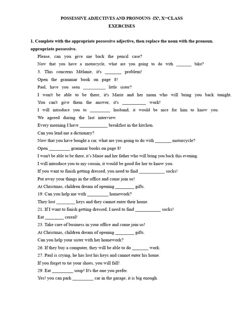 Possessive Adjectives & Pronouns Exercises | PDF
