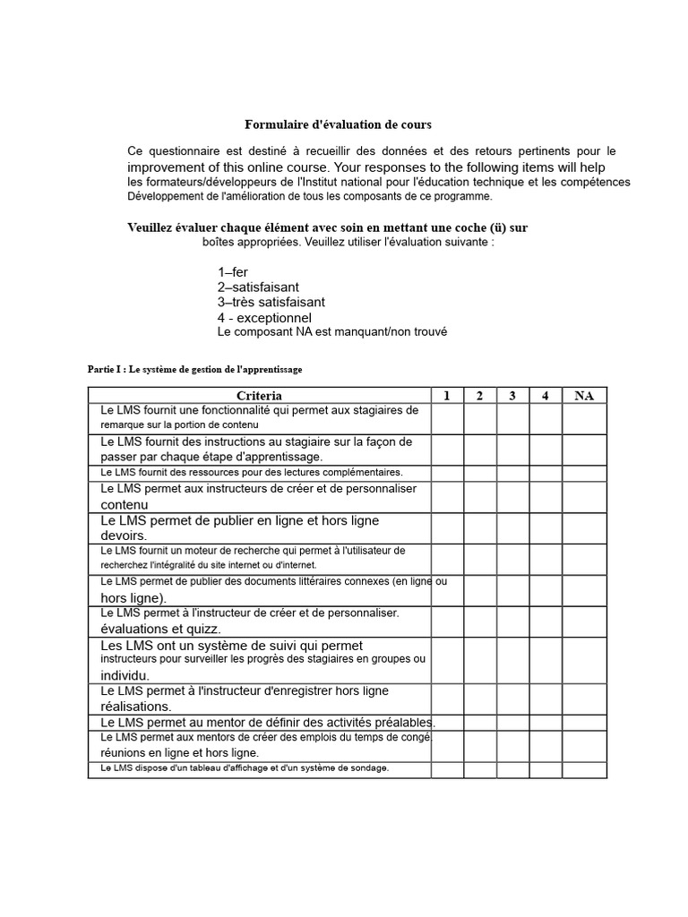 Évaluation du Cours en Ligne: Questionnaire | PDF | Pédagogie ...