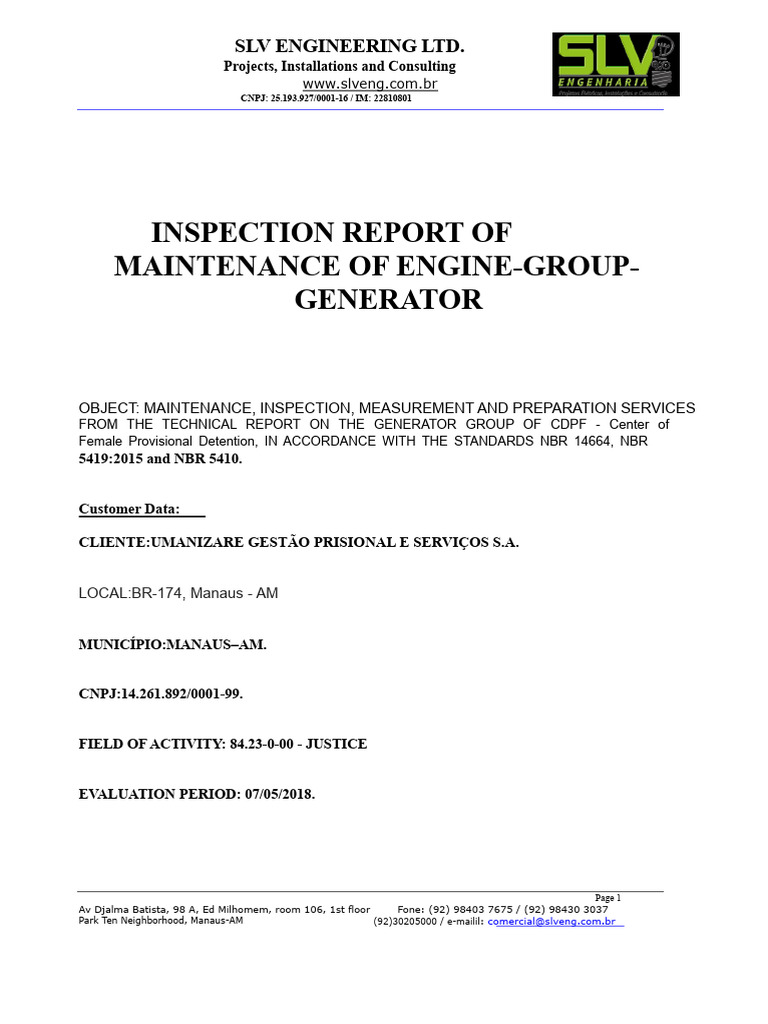 Generator Maintenance Inspection Report | PDF | Piston | Fuel Injection