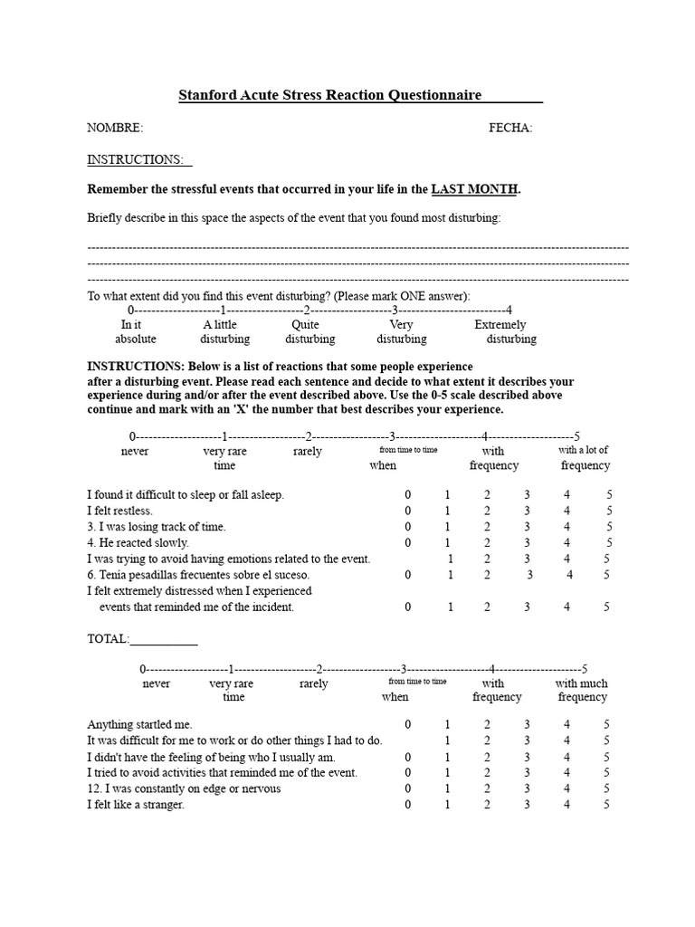 Stanford Acute Stress Reaction Survey | PDF | Stress (Biology) | Psychology