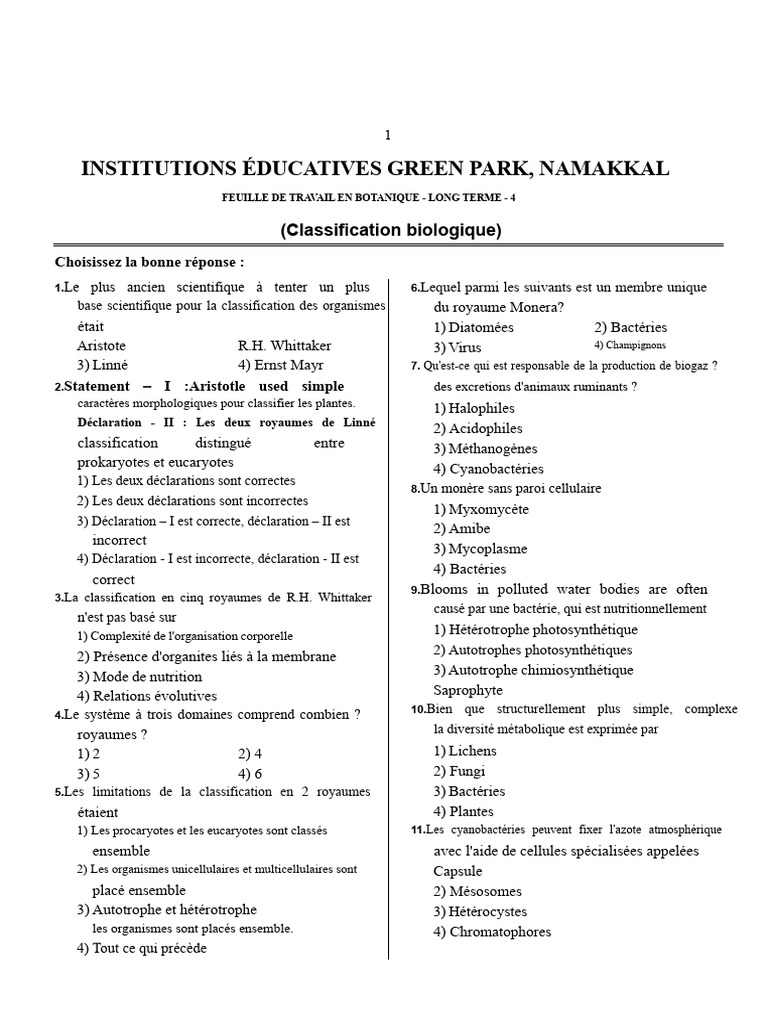 Feuille de travail en botanique - Classification | PDF | Prokaryota ...