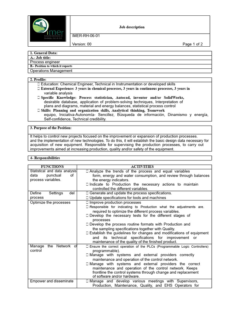 Process Engineer Job Description | PDF | Data | Programmable Logic ...