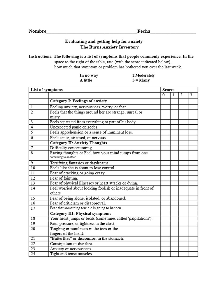 Burns Anxiety Inventory Assessment | PDF | Anxiety | Fear