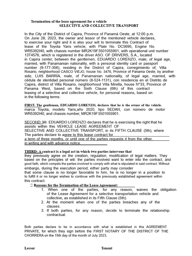 Vehicle Lease Termination Agreement | PDF | Lease | Law Of Obligations