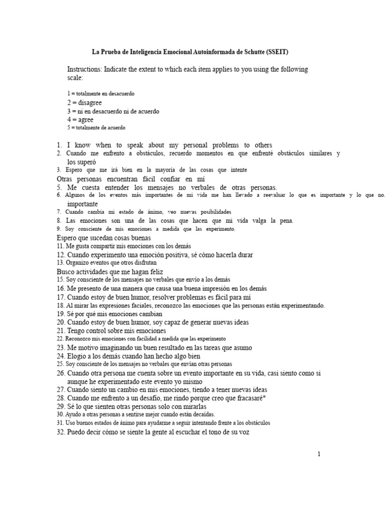 Prueba de Inteligencia Emocional SSEIT | PDF | Las emociones ...