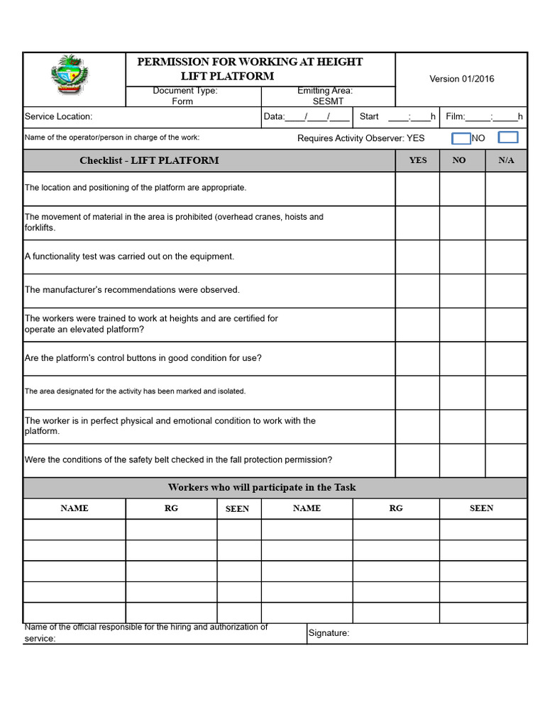 Lift Platform Working Permission Form | PDF | Elevator
