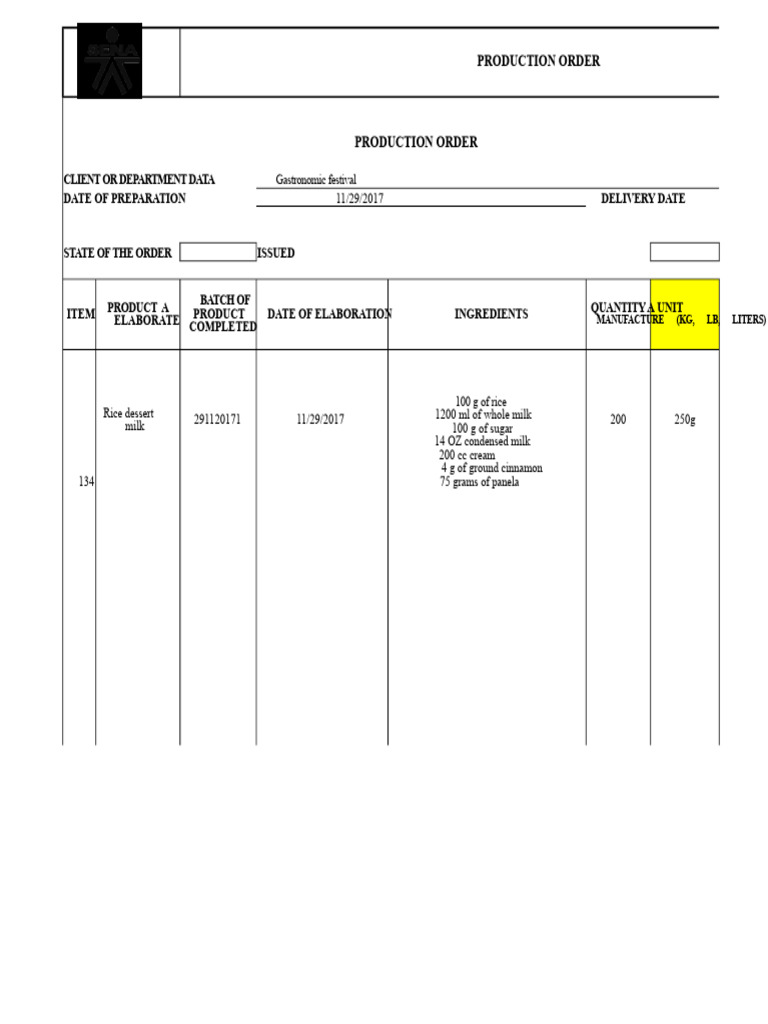 Gastronomic Festival Production Order | PDF