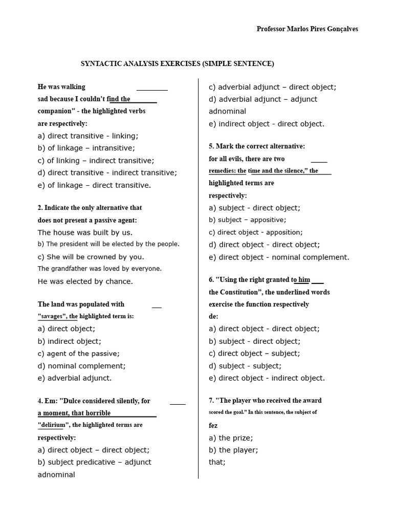 Syntactic Analysis Exercises Guide | PDF | Verb | Subject (Grammar)