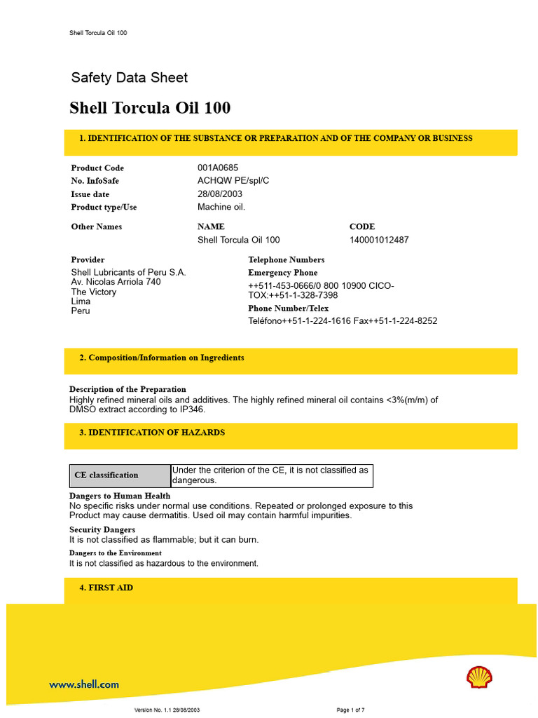 Shell Torcula Oil 100 Safety Data Sheet | PDF | Toxicity | Dangerous Goods