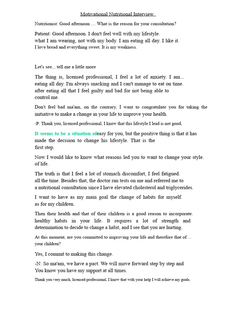 123 Motivational Nutritional Interview Dialogue | PDF | Eating ...