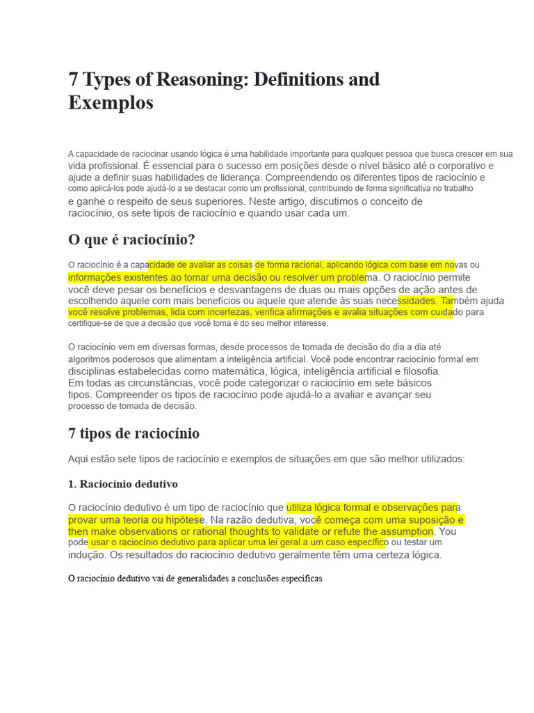 7 Tipos de Raciocínio e Exemplos | PDF | Raciocínio dedutivo | Pensamento
